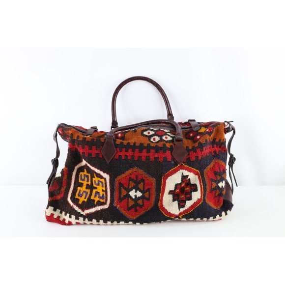 Vintage 90s Streetwear Leather Wool Blanket Weave Handled Bag Carry On